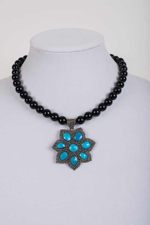 Pave Diamond and Turquoise Pendant on Black Onyx