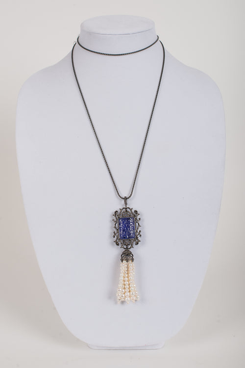 Pave Diamond with Carved Sapphire and Freshwater Pearl Pendant, Gunmetal Chain