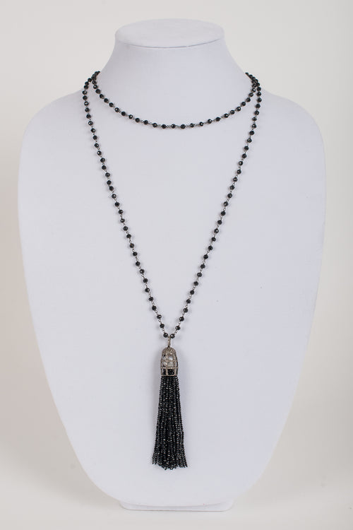 Pave Diamond and Black Spinel Tassel with Black Spinel Rosary Chain