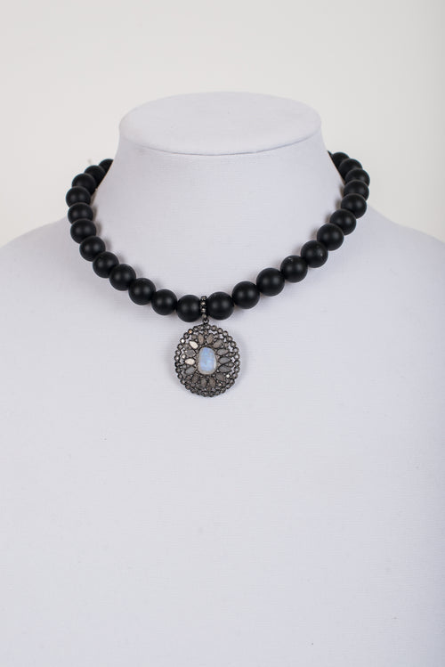 Moonstone and Rock Crystal Pendant on Matt Black Onyx Beads