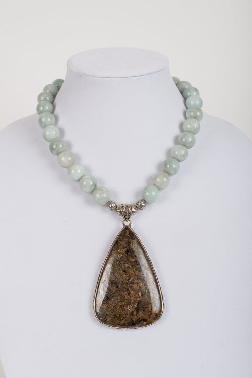 Jasper and Sterling Large Pendant on Aquamarine Beads