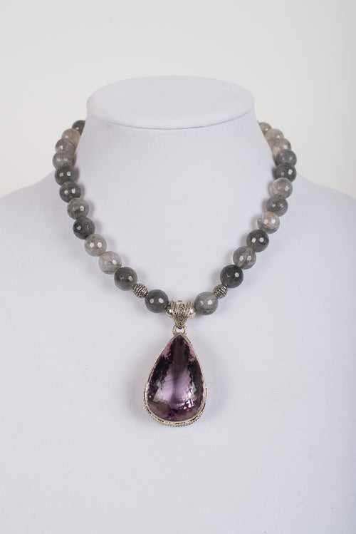 Amethyst and Sterling Silver Pendant with Cloud  Quartz Beads