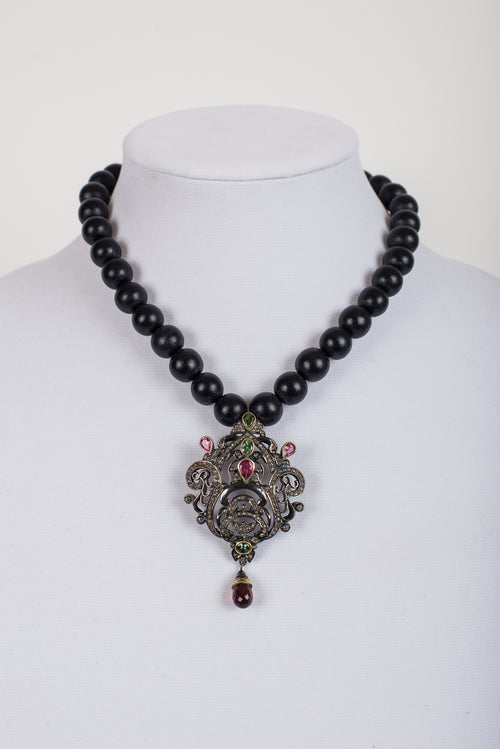 Tourmaline and Pave Diamond Pendant with Black Wood Beads