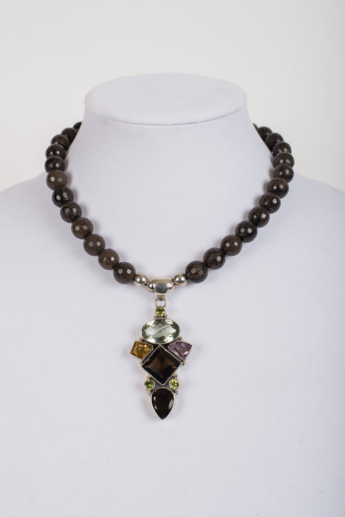Multi Gemstone and Sterling Silver Pendant on Smoky Quartz Beads