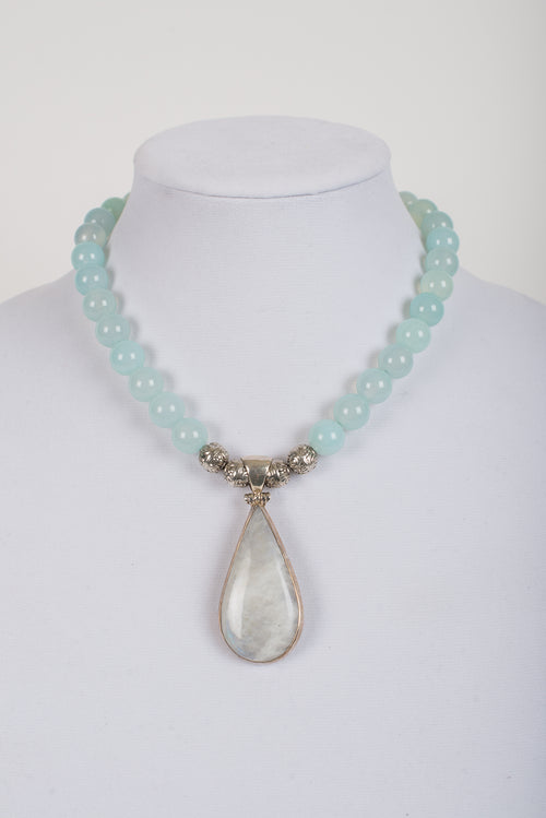 Moonstone and Sterling Silver Pendant with Chalcedony Beads