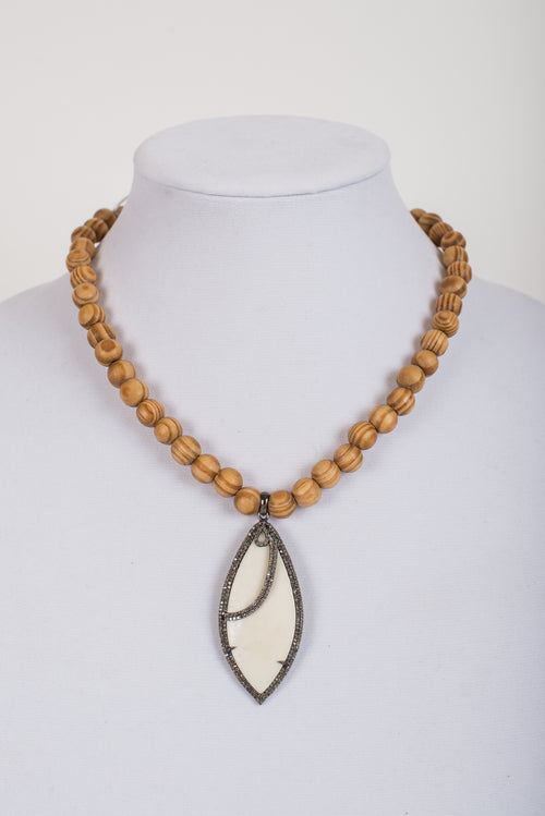 Pave Diamond and Bone Pendant with Carved Wood Beads