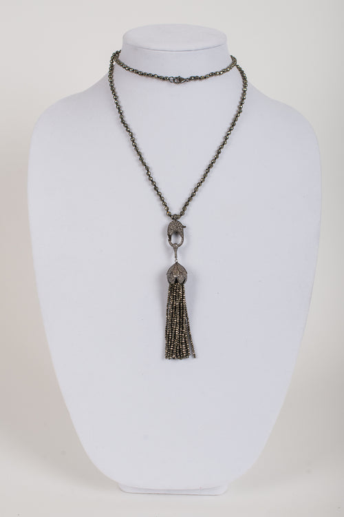 Pave Diamond and Pyrite Tassel on Pyrite and White Topaz Chain