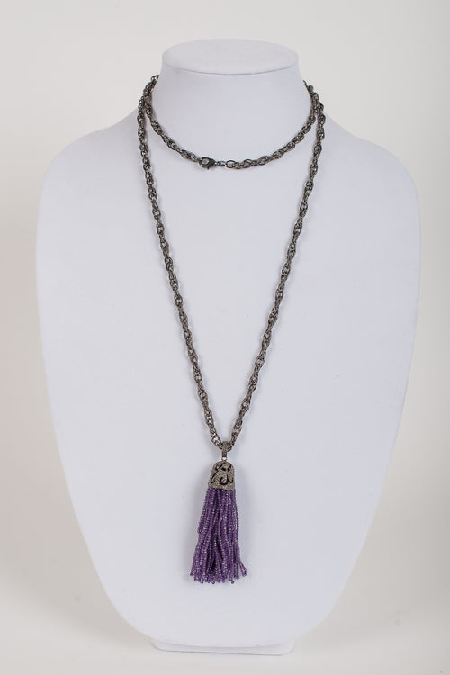 Pave Diamond and Amethyst Tassel on Gunmetal Chain