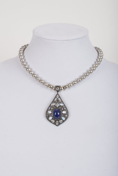 Pave Diamond and Moonstone and Tanzanite Pendant on Mother of Pearl Beads