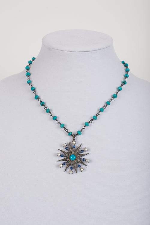 Pave Diamond and Turquoise and Lapis and Pearl Pendant on Turquoise Rosary Chain