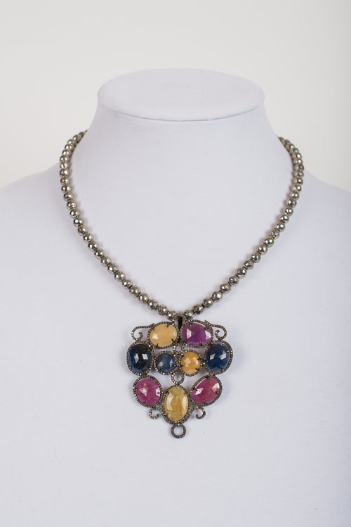 Pave Diamond and Multi Sapphire Pendant on Faceted Pyrite Beads