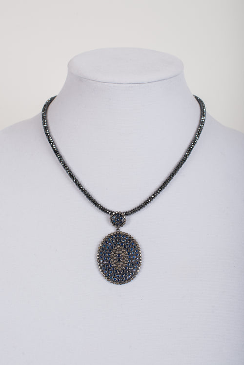 Slice Diamond and Sapphire Pendant on Hematite Beads