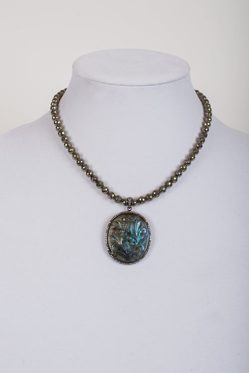 Pave Diamond and Carved Labradorite Pendant on Pyrite  Beads
