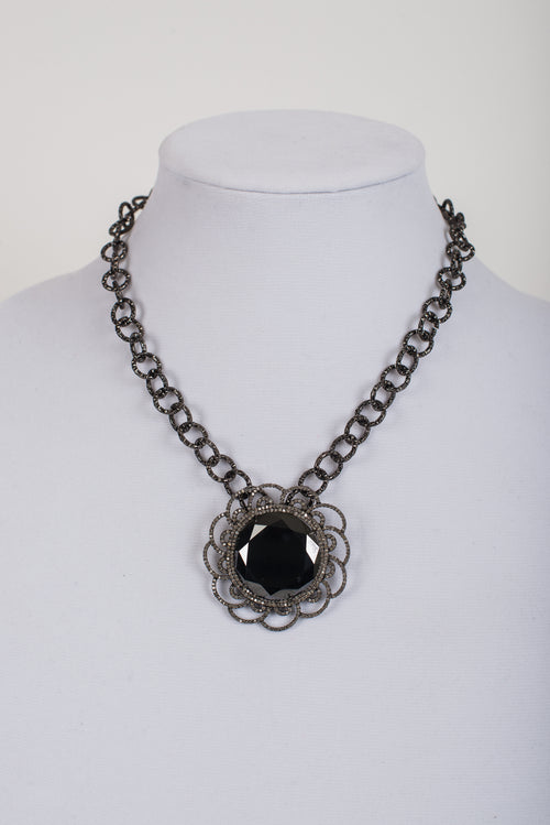 Pave Diamond and Black Spinel Pendant on Gunmetal Chain