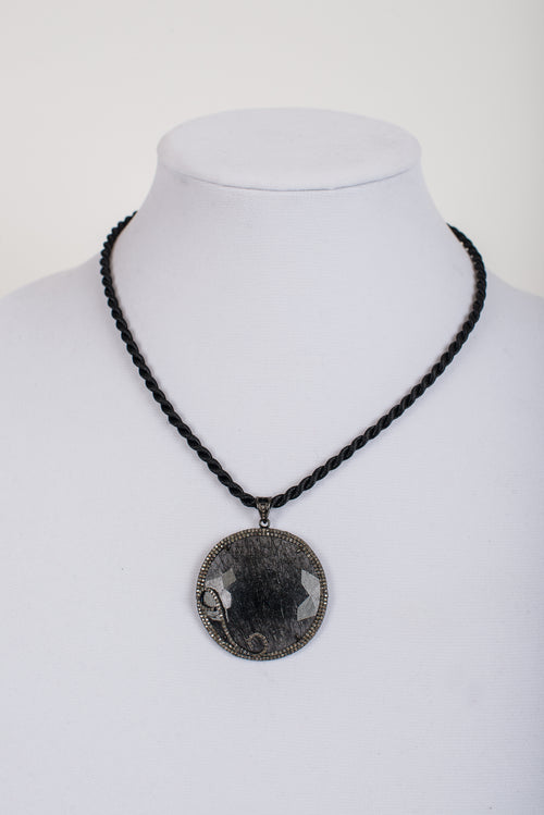 Pave Diamond  and  Rutilated Quartz Pendant on Black Silk Cord