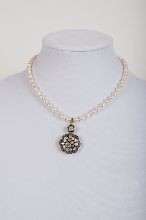Rose Cut Diamond Pendant on Freshwater Pearls