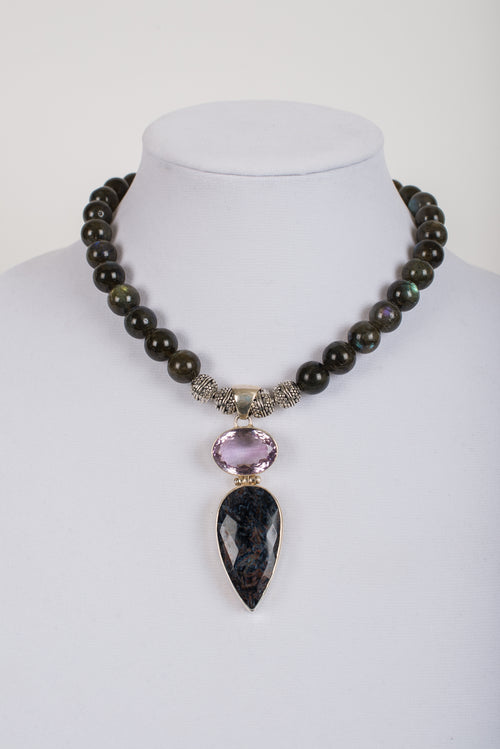Amethyst and Labradorite Pendant on Sterling Silver with Labradorite Beads