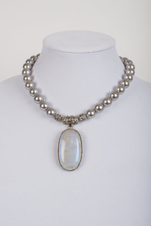 Moonstone and Sterling Pendant with Mother of Pearl Beads