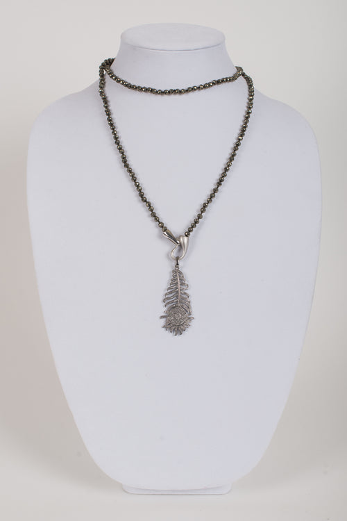 White Topaz Feather Pendant on Pyrite and Sterling Chain