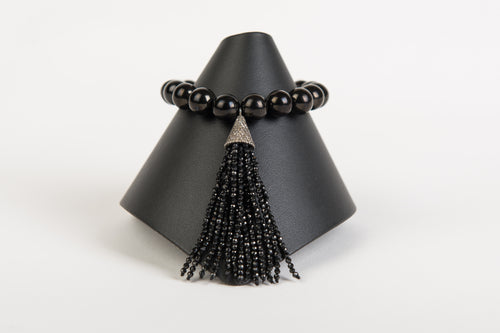 Black spinel and diamond tassel with black onyx beads